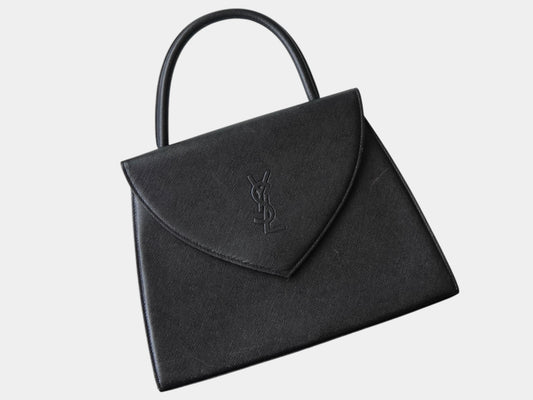 Yves Saint Laurent Vintage Embossed YSL Logo Leather Handbag, Freestanding, Black