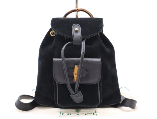 GUCCI 003・2058・0030 Leather Suede Bamboo Backpack in Black with Dust Bag