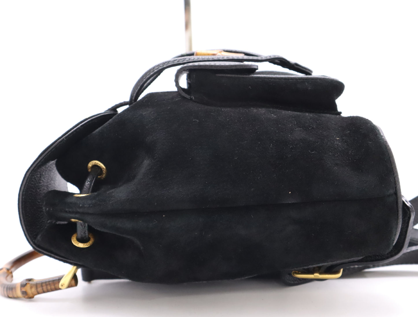 GUCCI 003・2058・0030 Leather Suede Bamboo Backpack in Black with Dust Bag