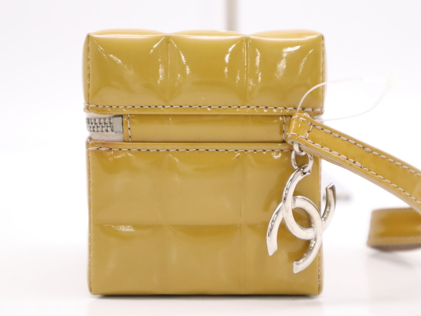 CHANEL Patent Leather Chocolate Bar Cube Pouch, Beige