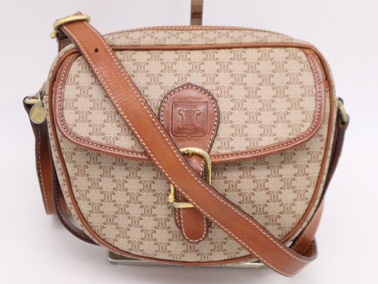 CELINE PVC x Leather Macadam Pattern Brown Shoulder Bag with Gold Hardware