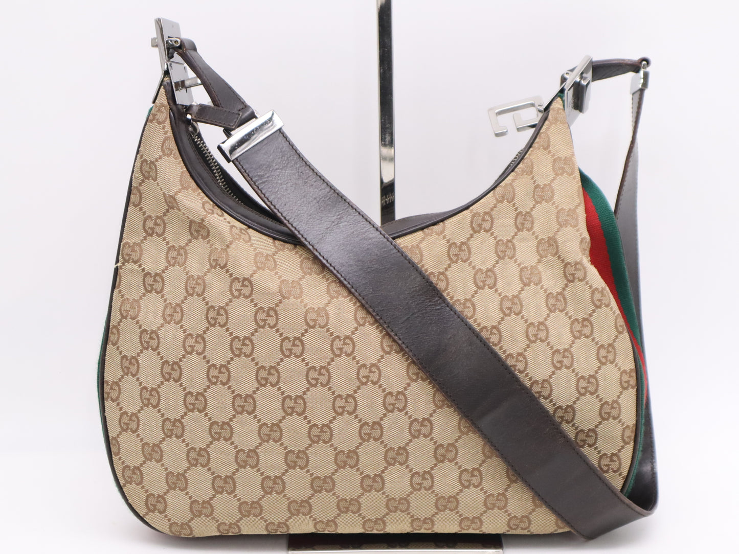 GUCCI 001-3315 GG Canvas Sherry Line Khaki Beige Dark Brown Shoulder Bag