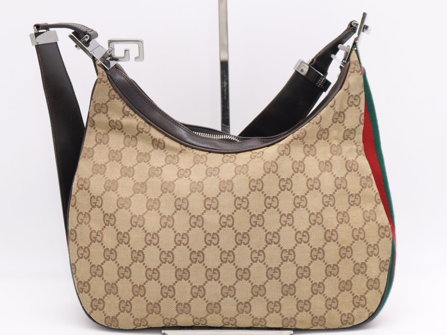 GUCCI 001-3315 GG Canvas Sherry Line Khaki Beige Dark Brown Shoulder Bag