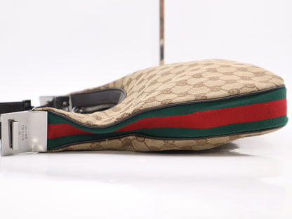 GUCCI 001-3315 GG Canvas Sherry Line Khaki Beige Dark Brown Shoulder Bag