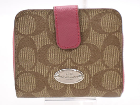 COACH F52675 Signature Medium Zip-Around Leather PVC Beige Pink Wallet