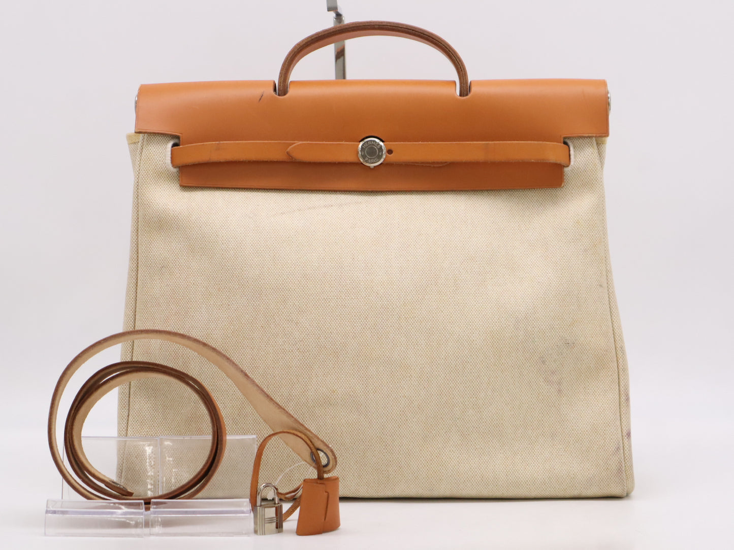HERMES Toile H Leather Handbag with C Stamp, Cabas GM, and Cloche, Cadena, and Two Keys