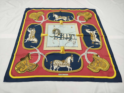 HERMES 100% Silk Carré 90 GRAND APPARAT Horse in Full Dress Red and Blue Scarf