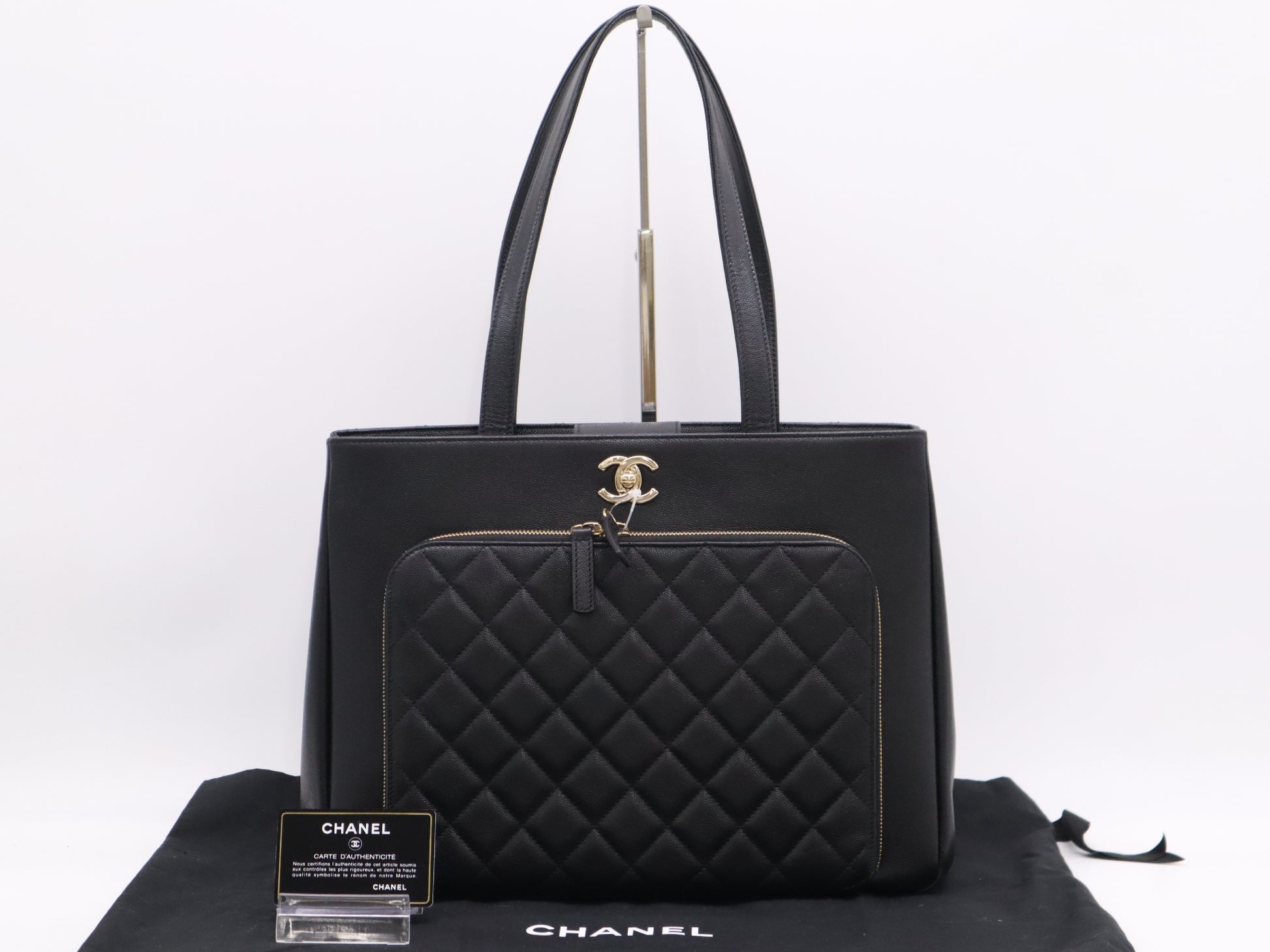 CHANEL Caviar Skin Coco Mark Matelasse Business Affinity Black Tote Bag with GD Hardware, Dust Bag, Card Holder, and Sticker, 23427878