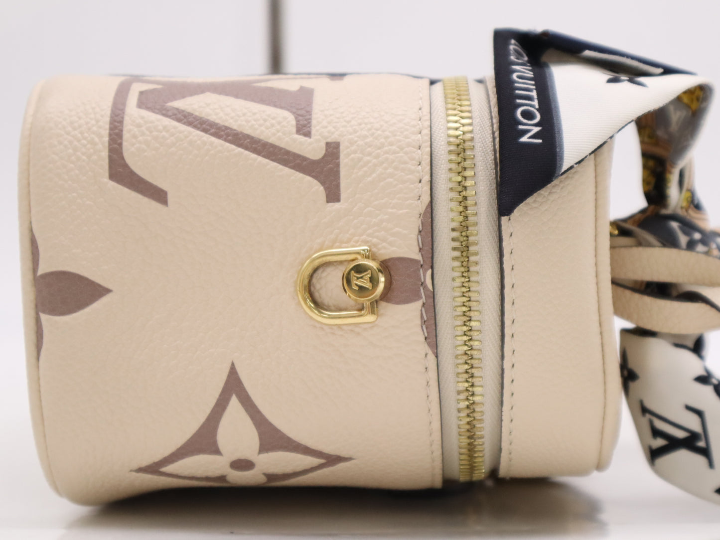 LOUIS VUITTON M45599 Monogram Empreinte Vanity PM Handbag with RFID Ready Scarf, Strap, Cloche, Padlock, Two Keys, and Dust Bag