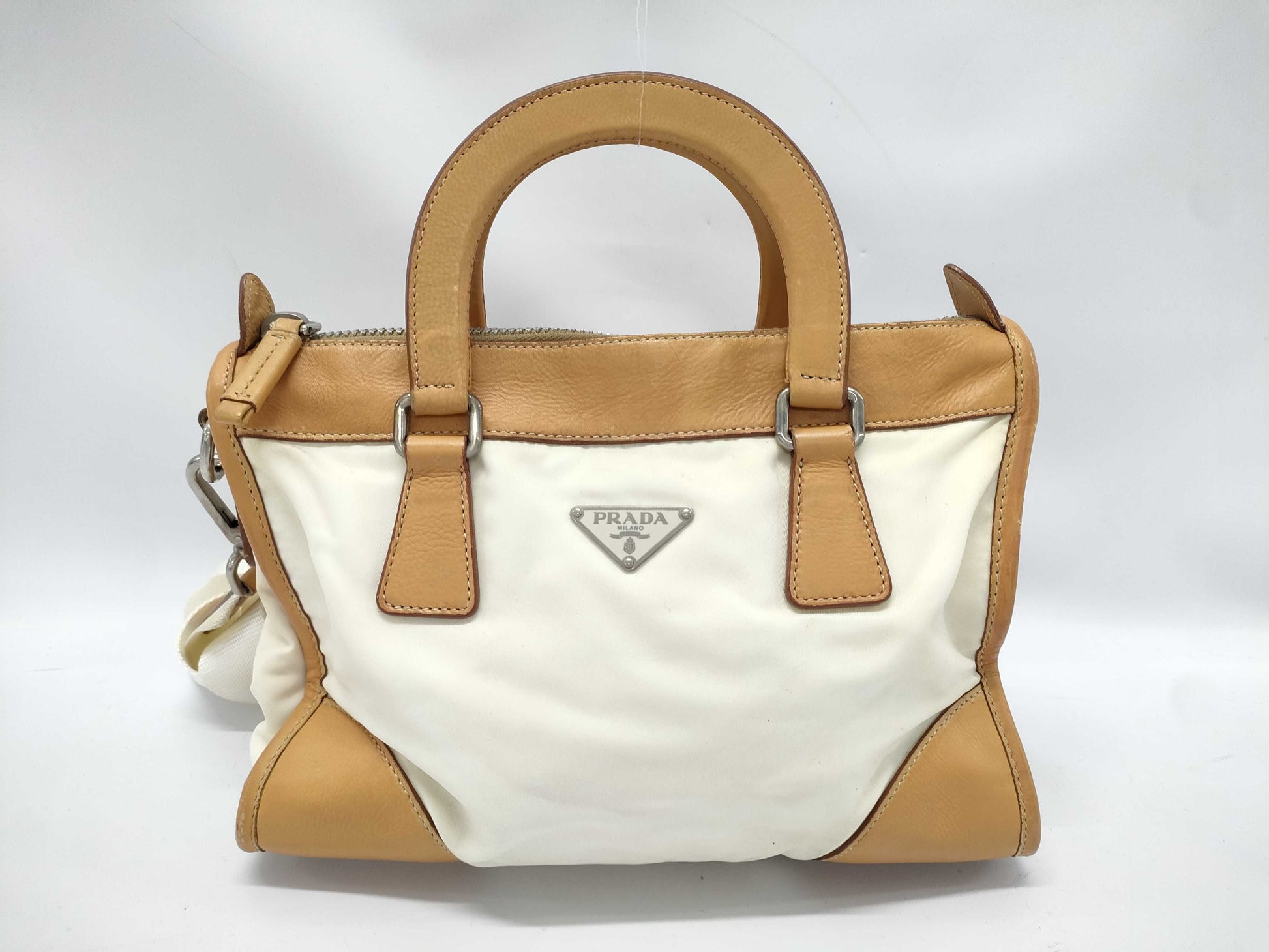 PRADA Nylon and Leather 2-Way Handbag in Brown and Ivory with Strap