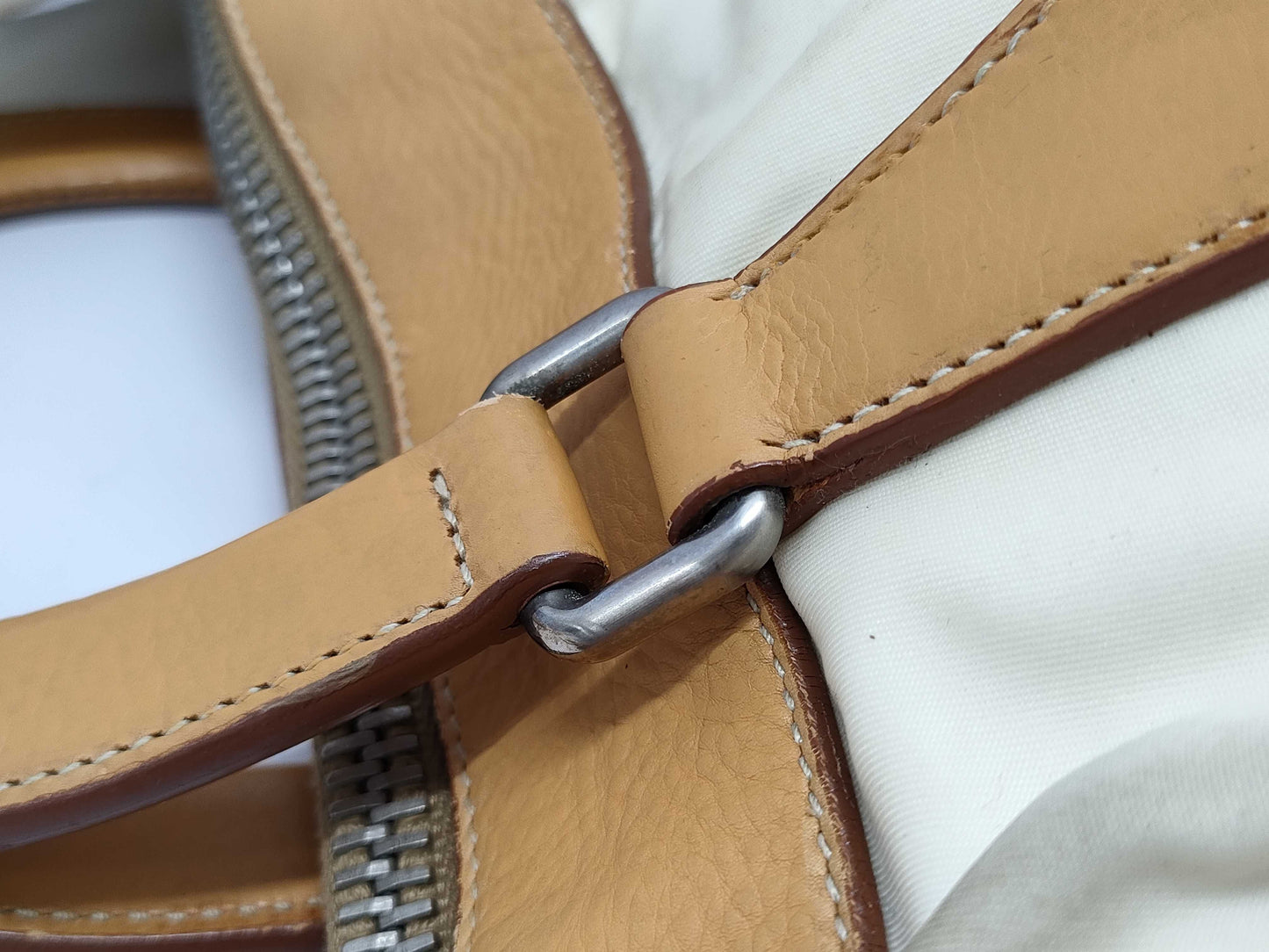 PRADA Nylon and Leather 2-Way Handbag in Brown and Ivory with Strap