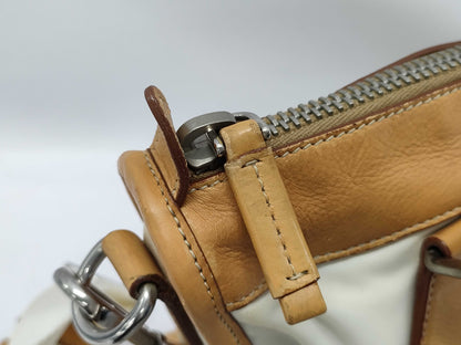 PRADA Nylon and Leather 2-Way Handbag in Brown and Ivory with Strap