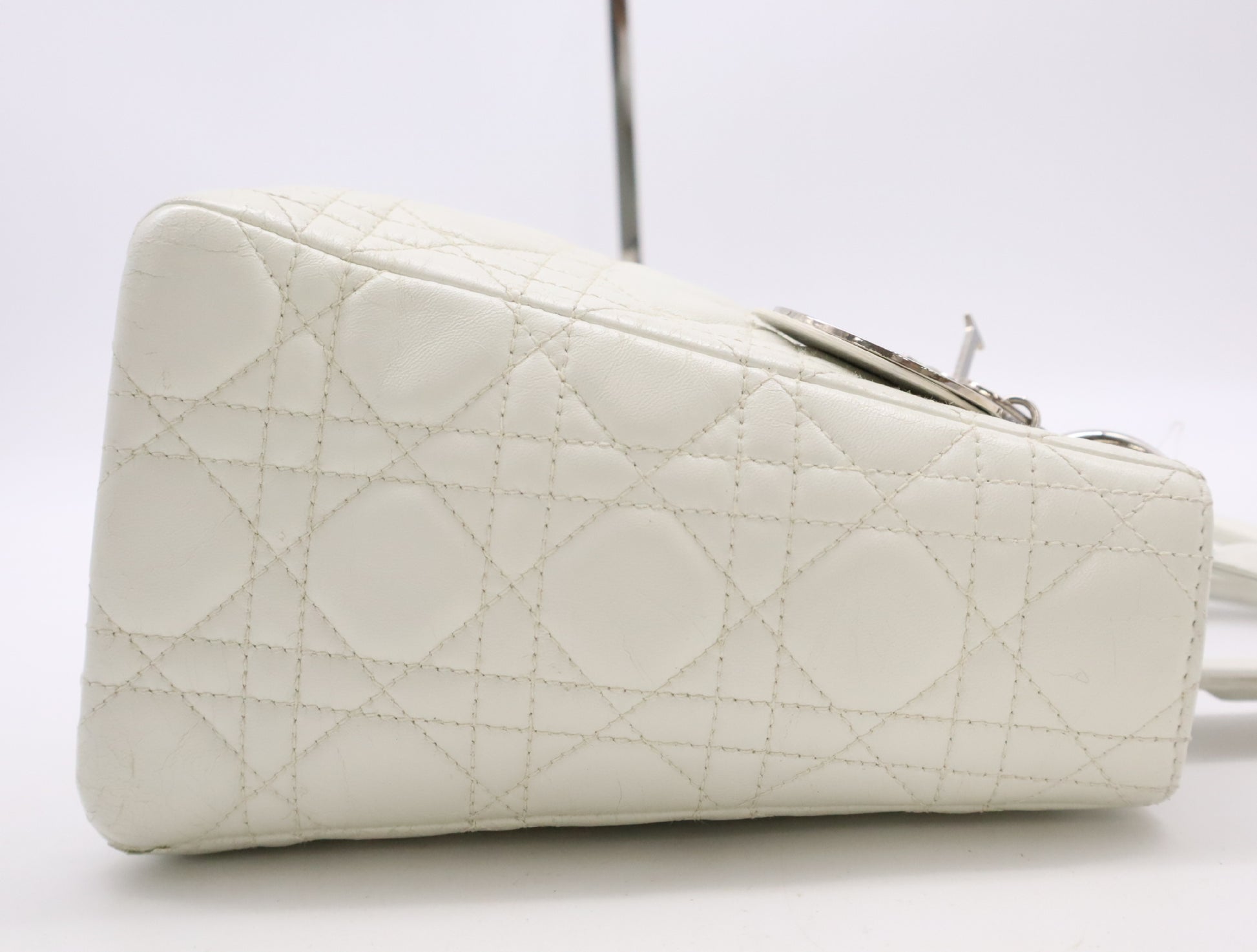 Dior Lady Dior Leather Medium Handbag White with Strap