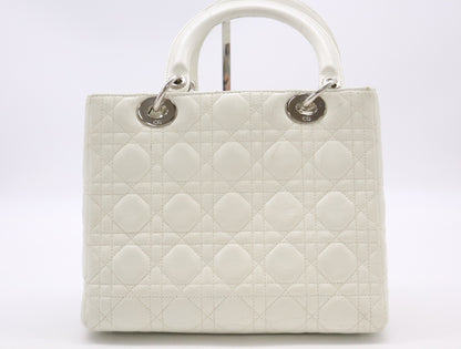 Dior Lady Dior Leather Medium Handbag White with Strap
