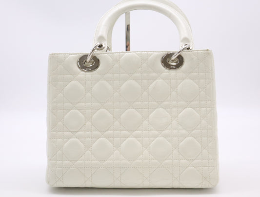 Dior Lady Dior Leather Medium Handbag White with Strap