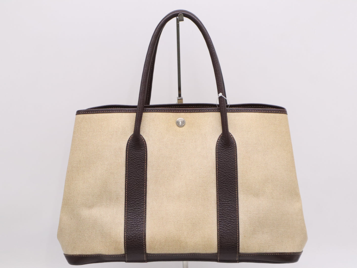 HERMES Toile H x Leather Garden Party Handbag, Beige/Brown, F Stamp, 2002