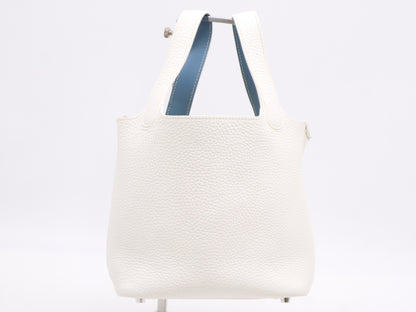 HERMES Taurillon Picotin 18 PM Eclat White Blue Handbag with Box and Dust Bag