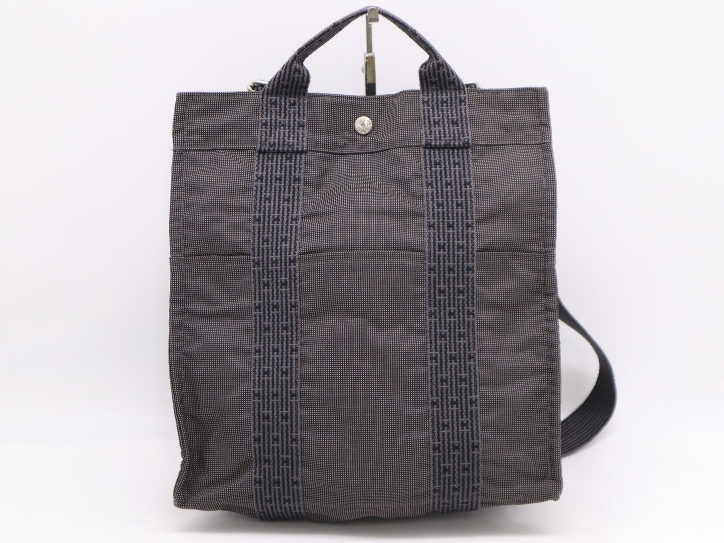 HERMES Air Line Nylon Canvas 〇R Stamp Air Line Ad MM Gray Black Tote Bag