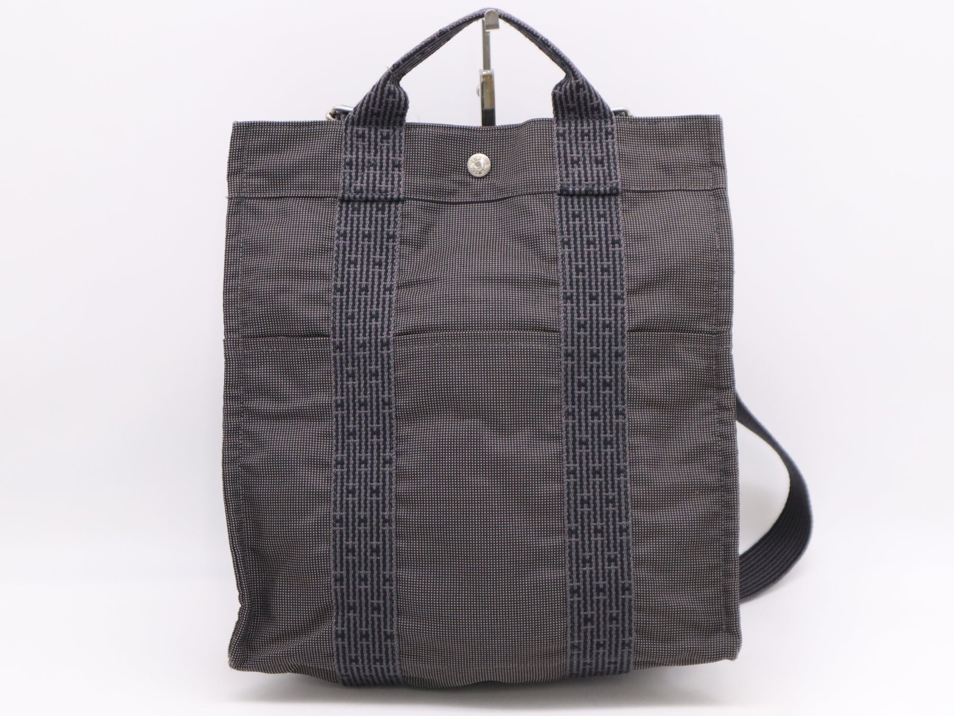 HERMES Air Line Nylon Canvas 〇R Stamp Air Line Ad MM Gray Black Tote Bag