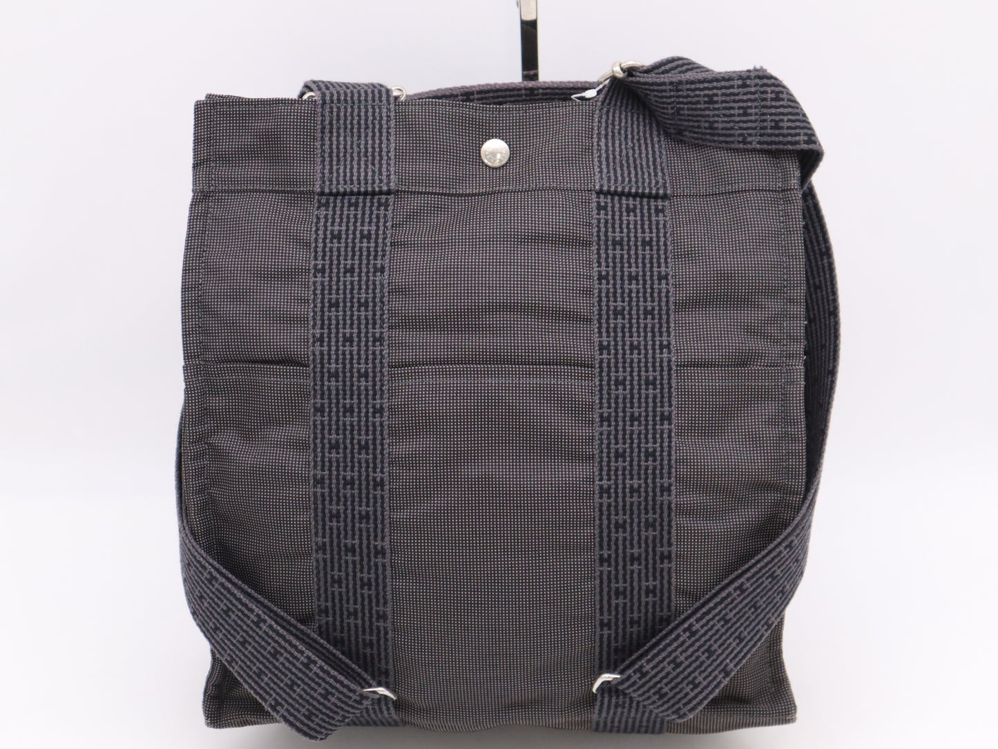 HERMES Air Line Nylon Canvas 〇R Stamp Air Line Ad MM Gray Black Tote Bag