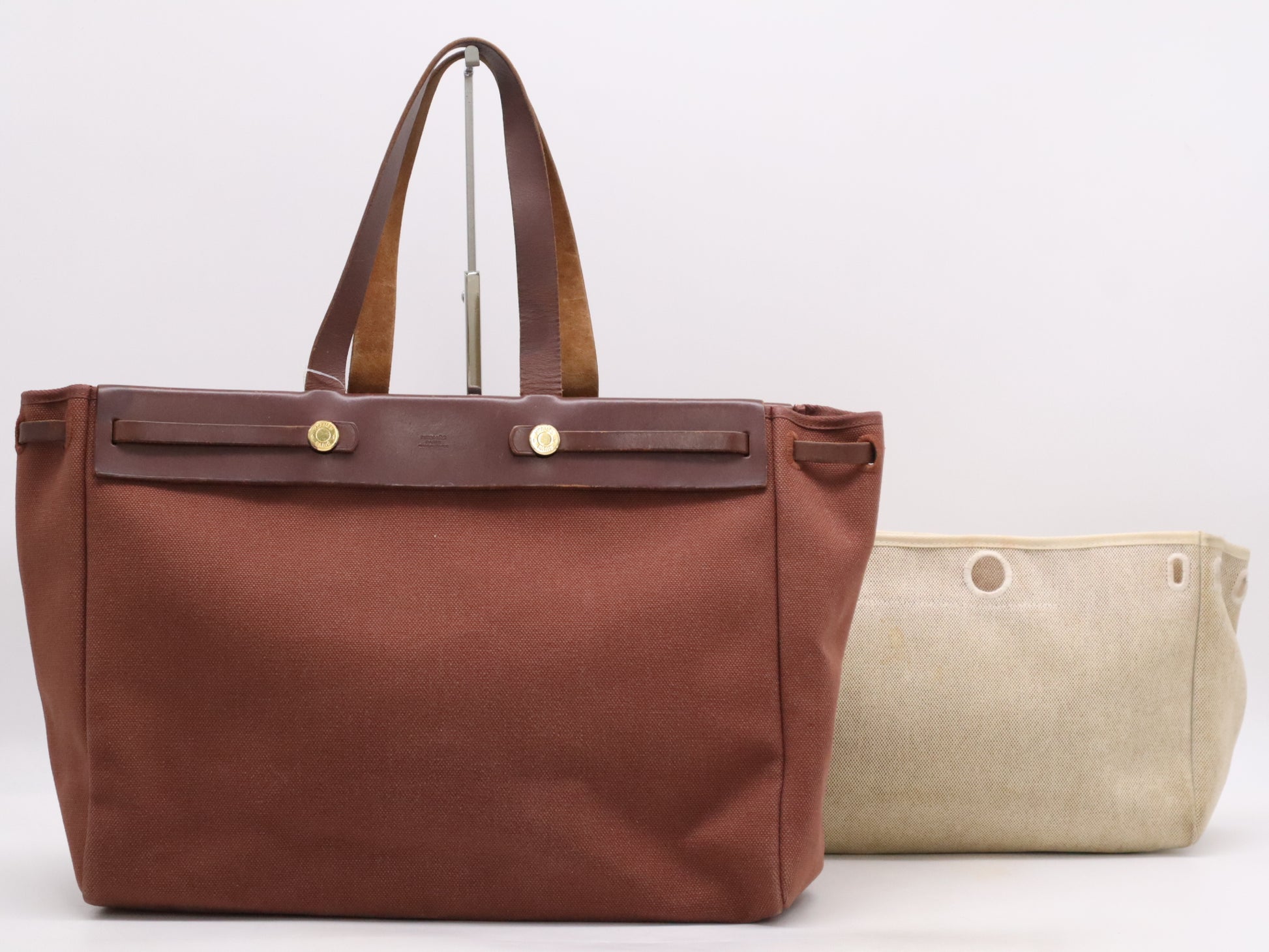 HERMES Toile Officier x Leather □F Stamp Air Bag Cabas GM Brown Tote Bag