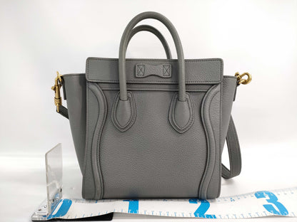 CELINE Leather Luggage Nano Shopper 2-Way Handbag, Gray, with Strap