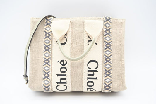 Chloe WOODY Small Tote Bag Slate Green Canvas Calfskin D29B Tote Bag