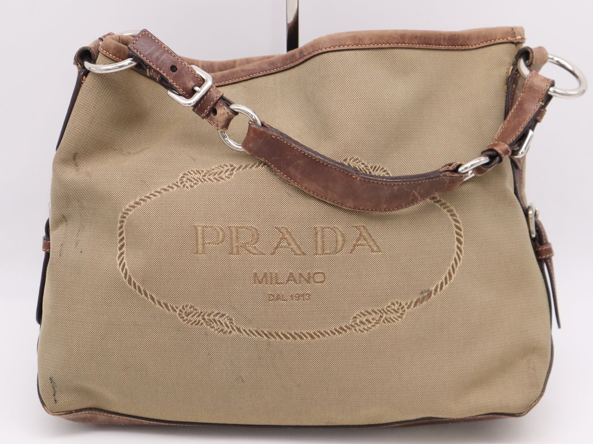PRADA Jacquard Canvas Shoulder Bag with Leather Khaki and Brown