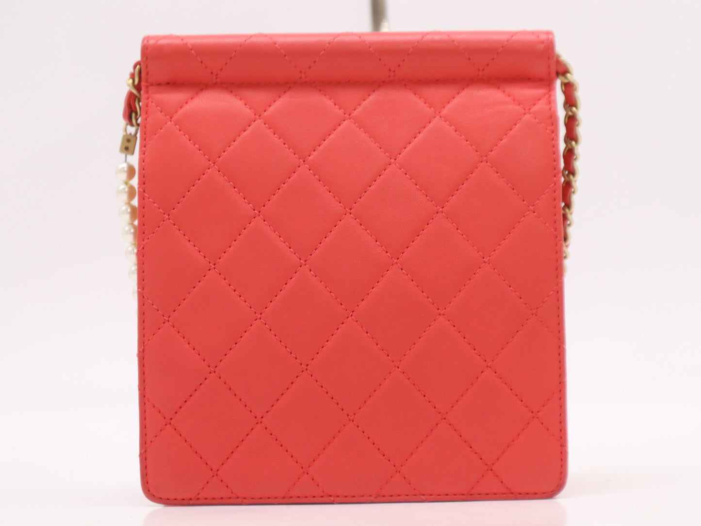 CHANEL Lambskin Matelasse Pearl Chain Shoulder Bag in Red with GD Hardware, Seal, and Card Included, 27686544