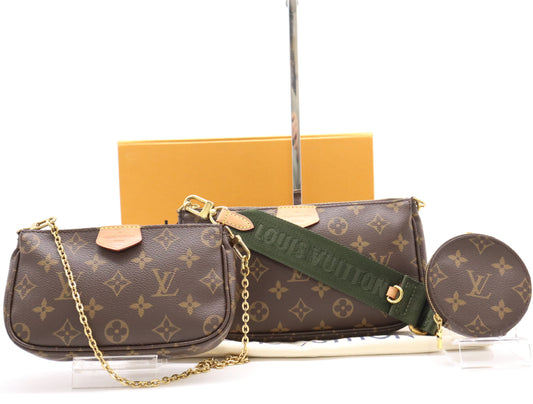 LOUIS VUITTON Monogram M44813 Monogram Multi Pochette Accessoires Khaki with Chain Strap, Shoulder Strap, Dust Bag, and Box. RFID Compatible.