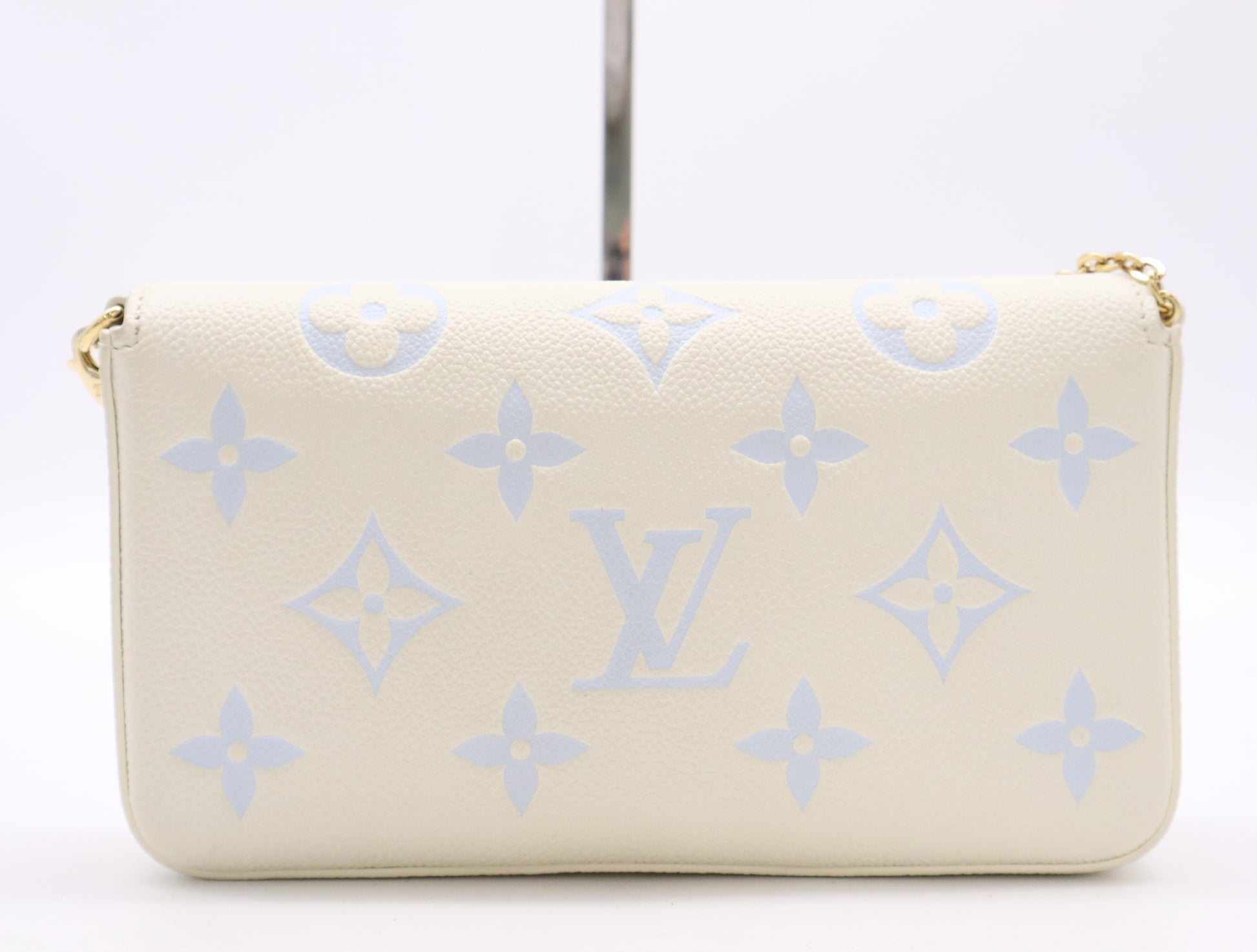 LOUIS VUITTON Monogram Empreinte M83025 Pochette Felicie Latte White/Candy Blue, RFID Verified, No Serial Tag, Includes 2 Pouches