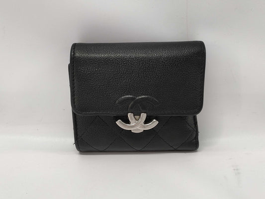 CHANEL Calfskin Tri-fold Wallet Matelasse Half Coco with Silver Hardware and Black Seal 29674335 Wallet