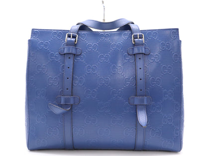 GUCCI Leather GG Embossed Tote Bag Blue Handbag