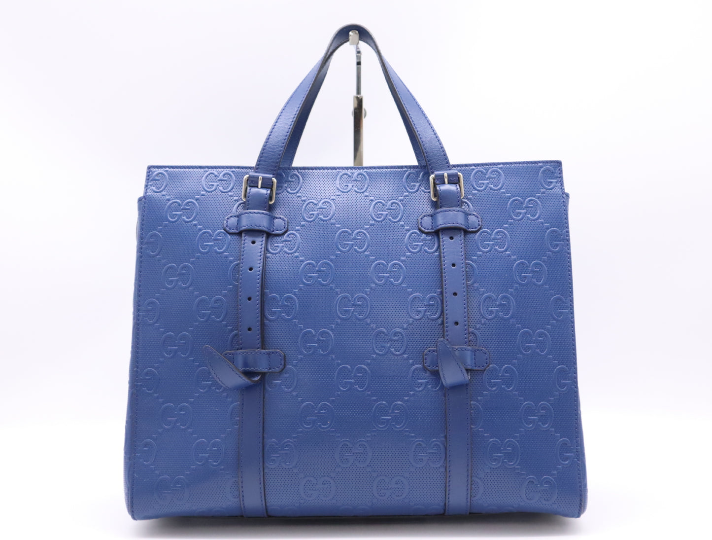 GUCCI Leather GG Embossed Tote Bag Blue Handbag