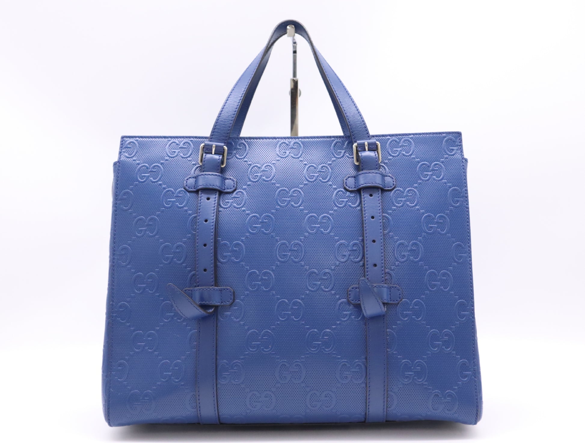 GUCCI Leather GG Embossed Tote Bag Blue Handbag