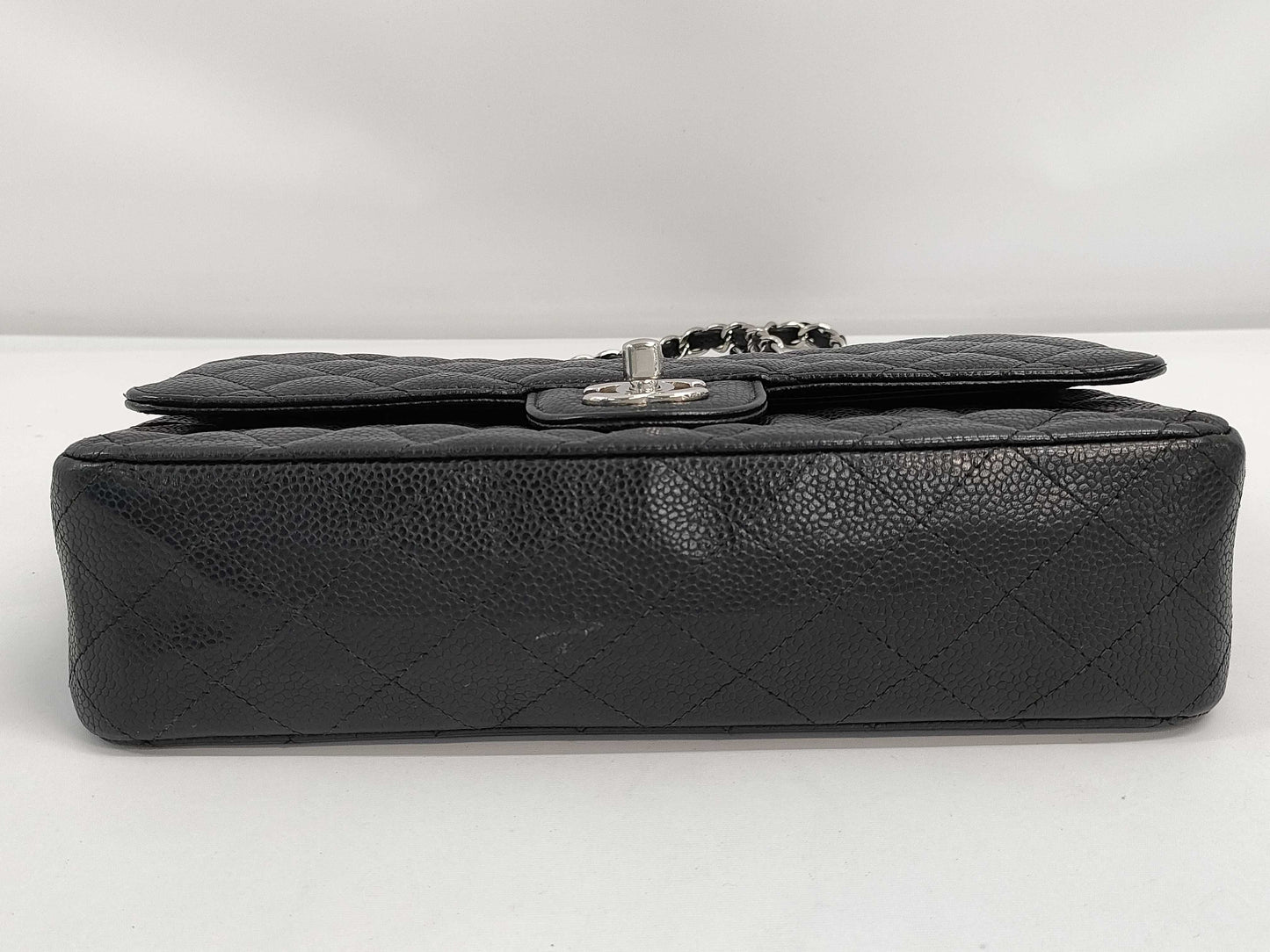 CHANEL Caviar Skin Matelasse 26 Double Flap Double Chain Shoulder Bag with Silver Hardware and Black Seal 15041131