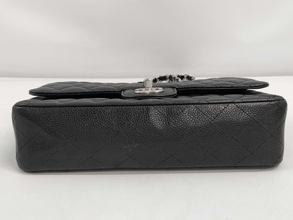 CHANEL Caviar Skin Matelasse 26 Double Flap Double Chain Shoulder Bag with Silver Hardware and Black Seal 15041131