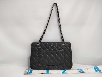 CHANEL Caviar Skin Matelasse 26 Double Flap Double Chain Shoulder Bag with Silver Hardware and Black Seal 15041131