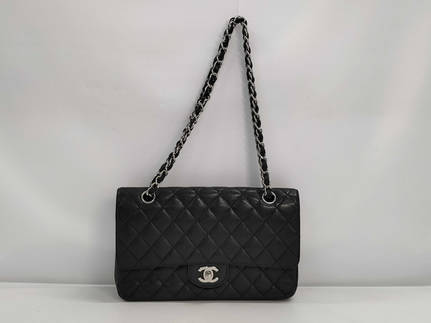 CHANEL Caviar Skin Matelasse 26 Double Flap Double Chain Shoulder Bag with Silver Hardware and Black Seal 15041131