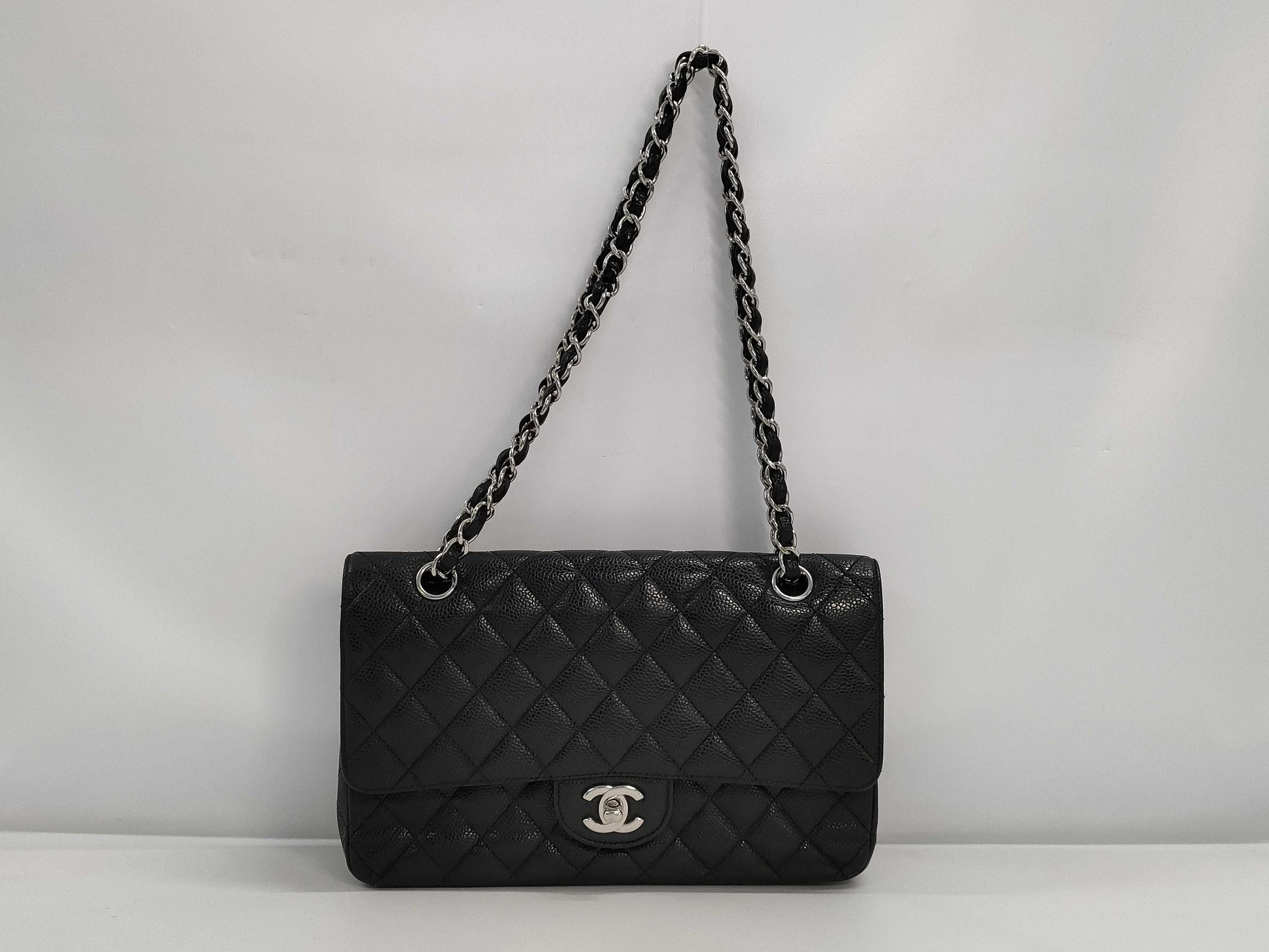 CHANEL Caviar Skin Matelasse 26 Double Flap Double Chain Shoulder Bag with Silver Hardware and Black Seal 15041131