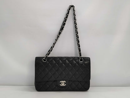 CHANEL Caviar Skin Matelasse 26 Double Flap Double Chain Shoulder Bag with Silver Hardware and Black Seal 15041131