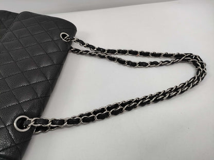 CHANEL Caviar Skin Matelasse 26 Double Flap Double Chain Shoulder Bag with Silver Hardware and Black Seal 15041131
