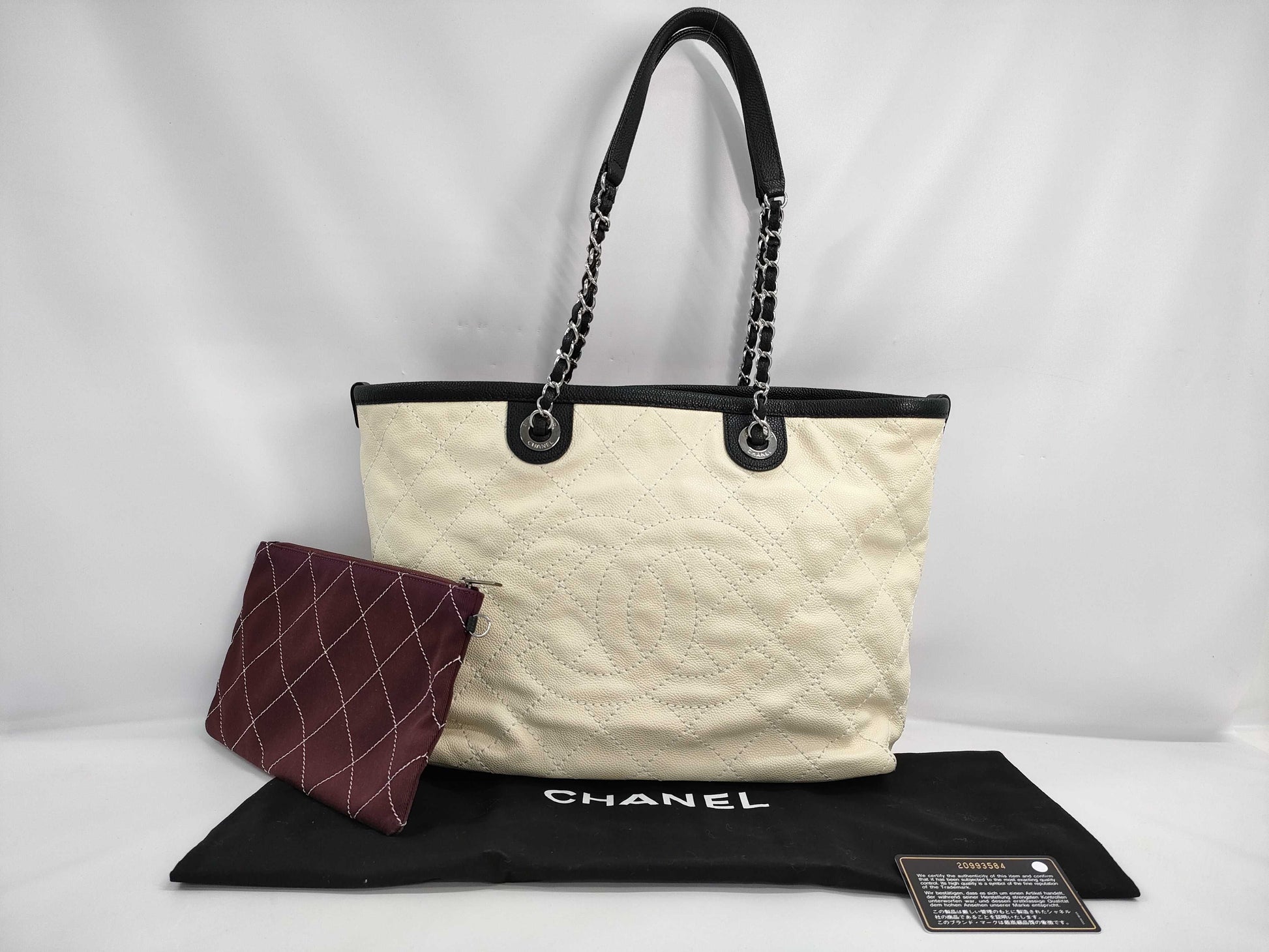 CHANEL A92211 Caviar Skin Wild Stitch On the Road Tote Bag, Ivory, with Sterling Silver Hardware, Pouch, Dust Bag, Sticker, Card, 20993584