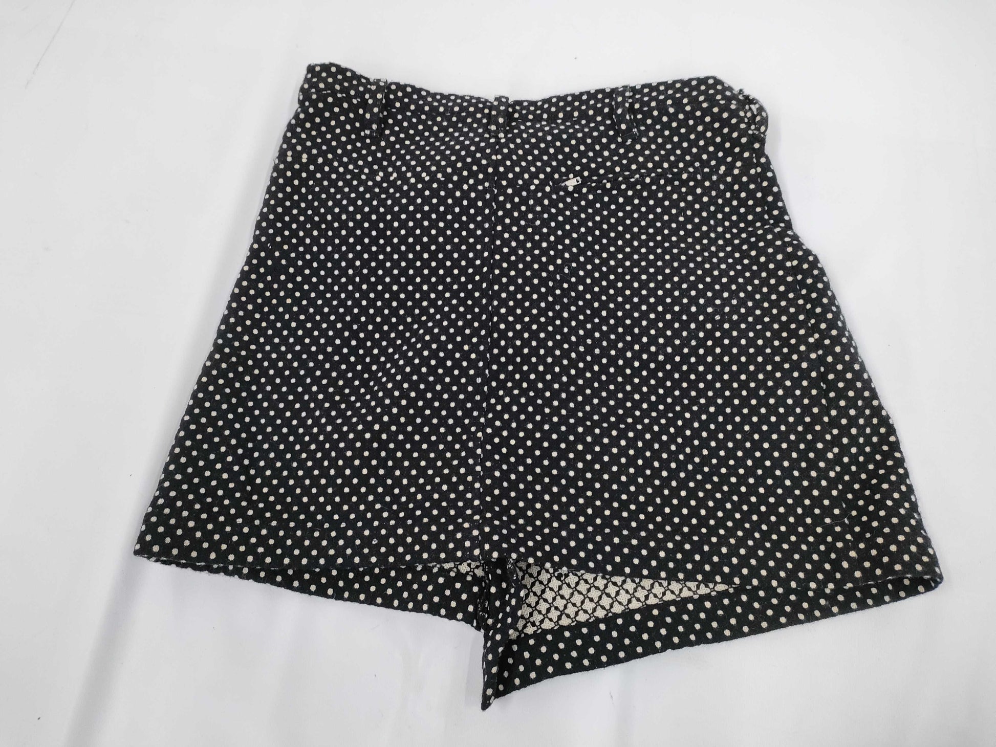 Ys Yohji Yamamoto Polka Dot Pattern Asymmetrical Shorts, Black, Size 2