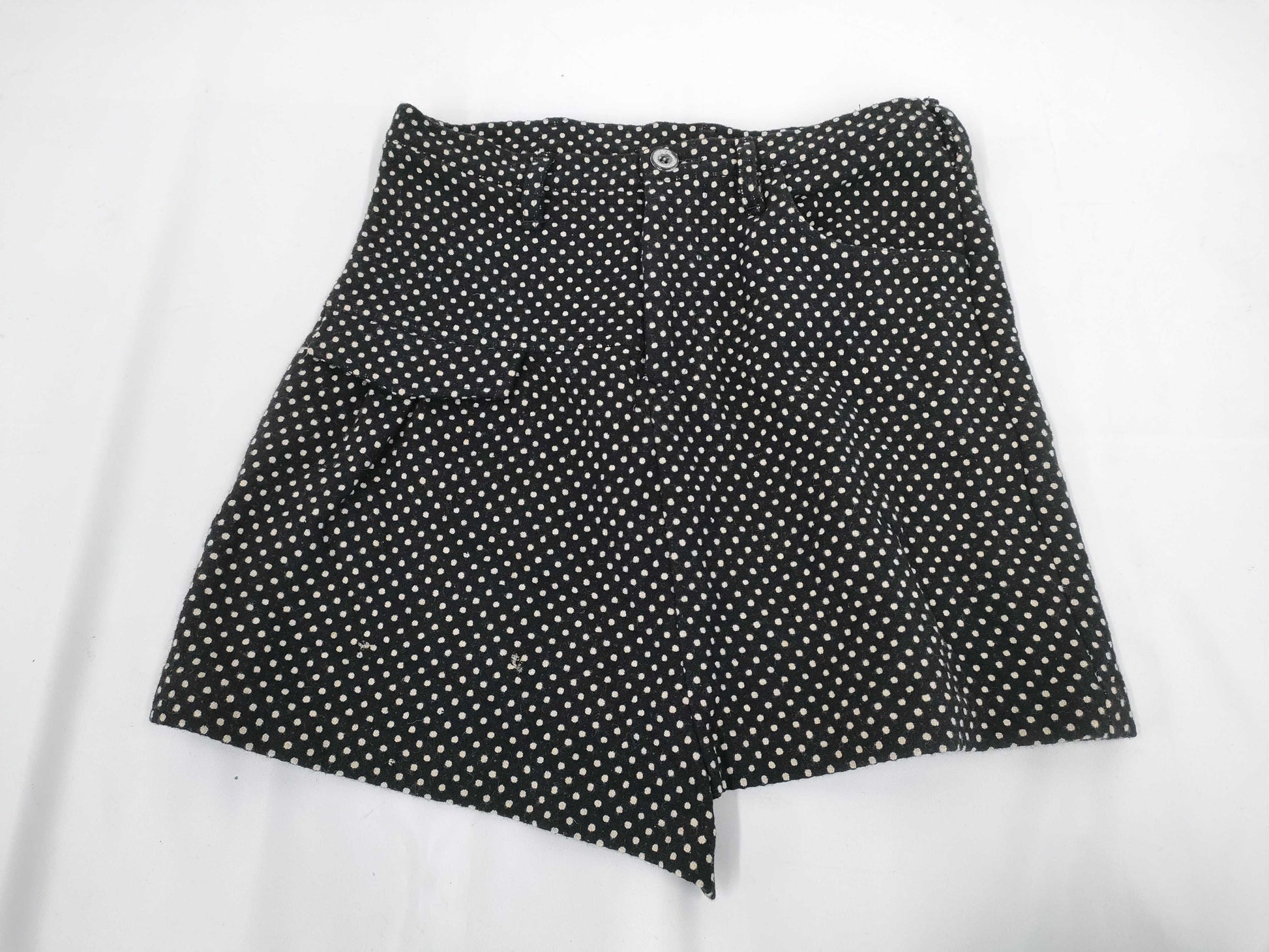 Ys Yohji Yamamoto Polka Dot Pattern Asymmetrical Shorts, Black, Size 2
