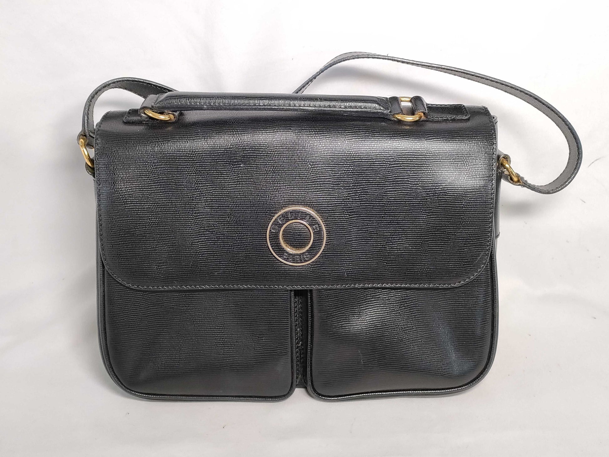 CELINE Circle Logo 2-Way Messenger Shoulder Bag in Black Leather