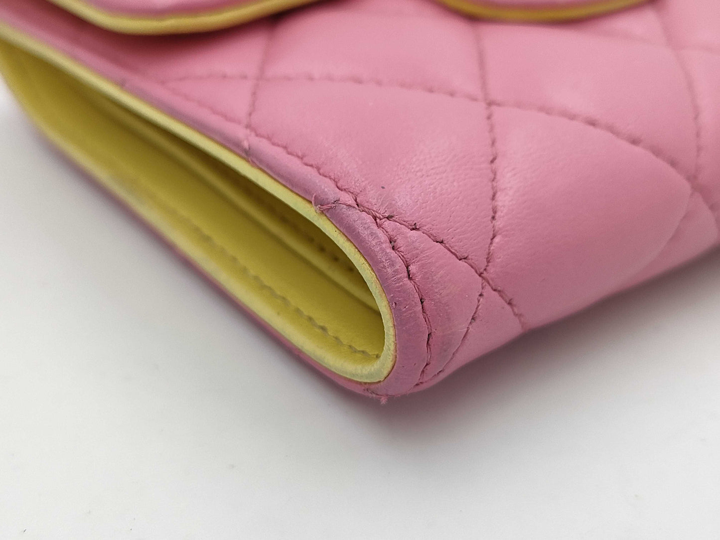 CHANEL Matelasse Compact Wallet with Coco Mark, Pink and Yellow.