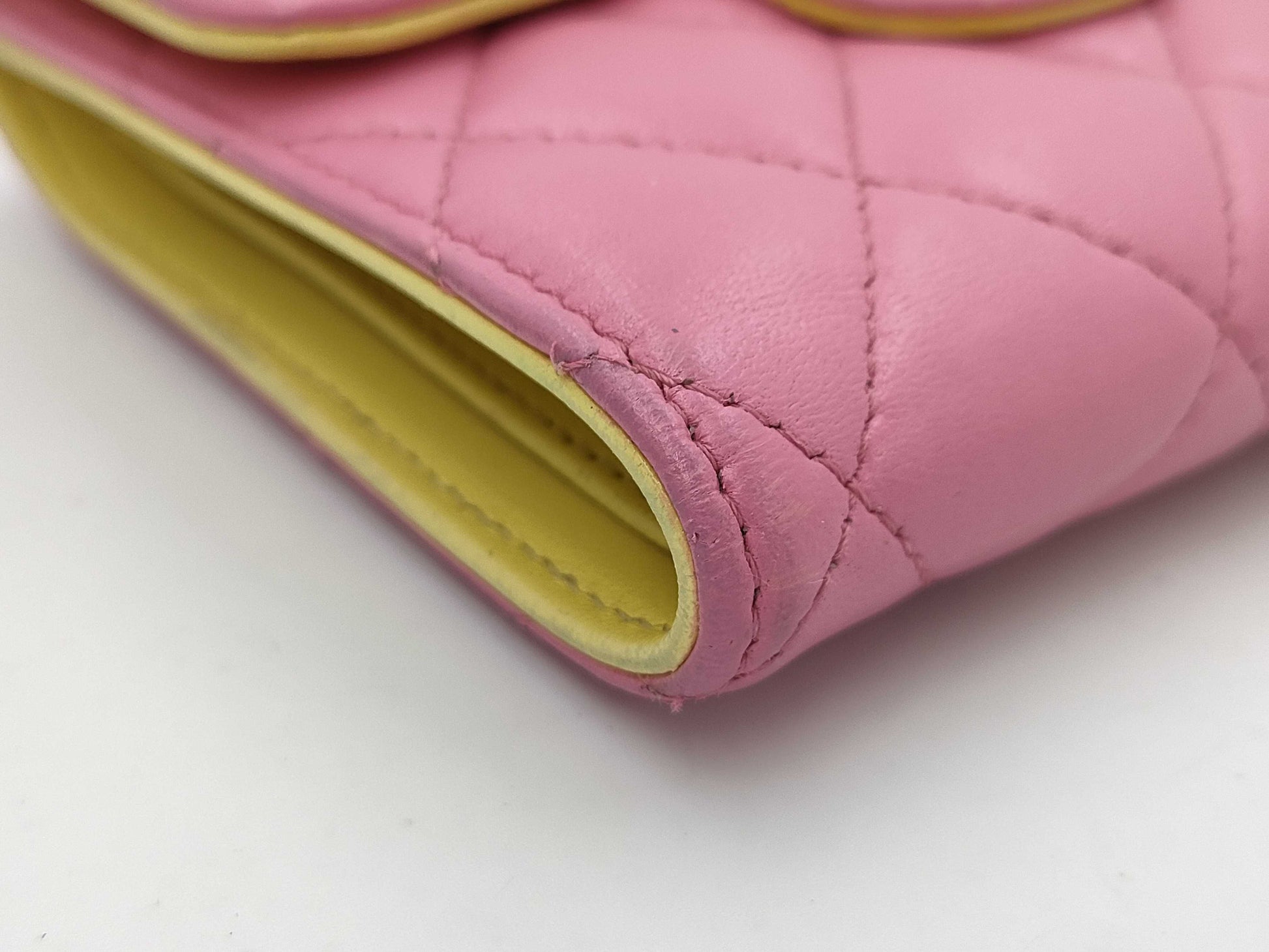 CHANEL Matelasse Compact Wallet with Coco Mark, Pink and Yellow.