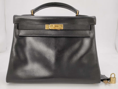 HERMES Kelly 32 Black Box Calf Leather G Hardware Handbag