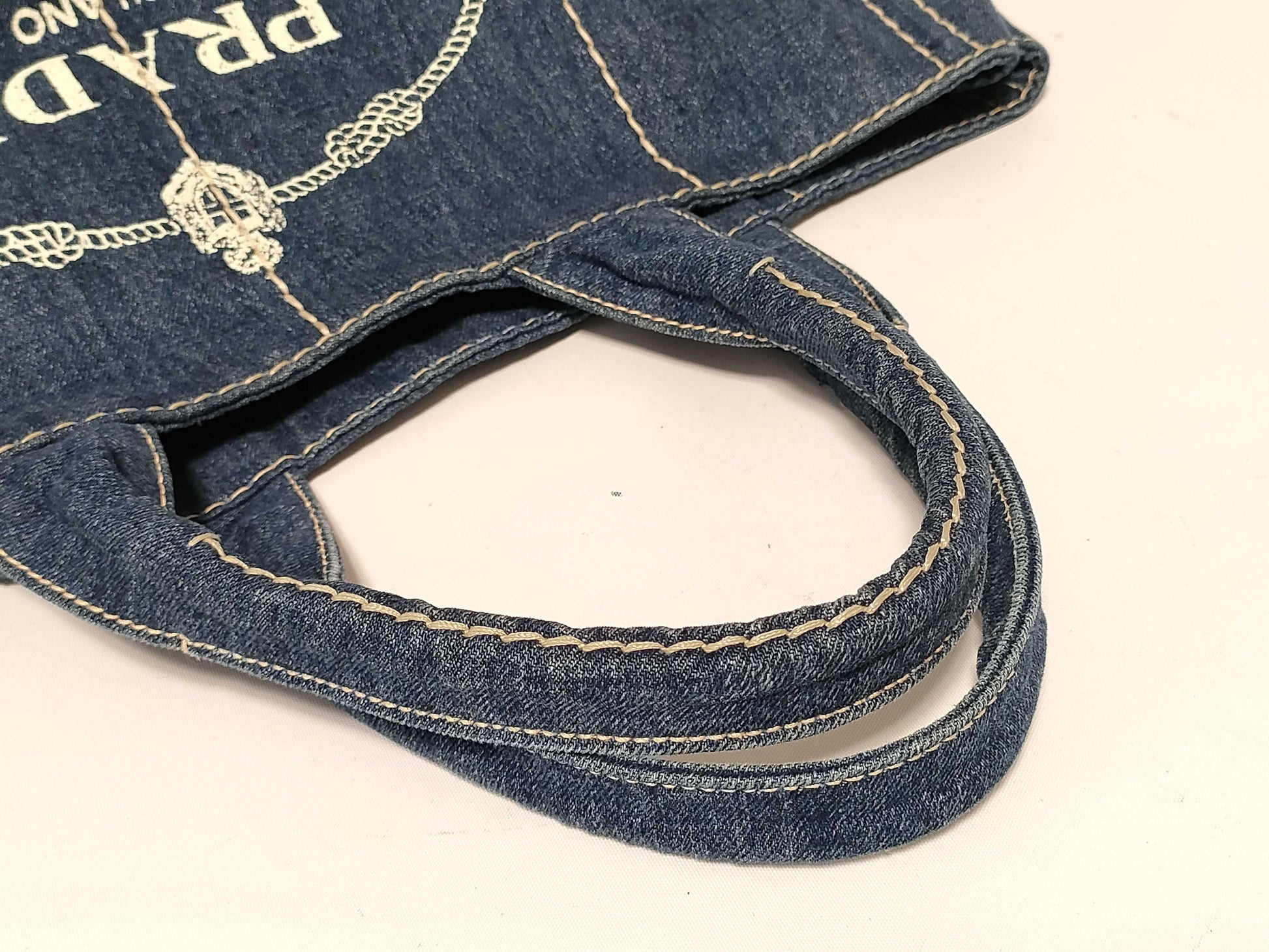 PRADA Prada Canapa Denim Handbag with Triangle Logo, Bag, Tag, and Warranty Card